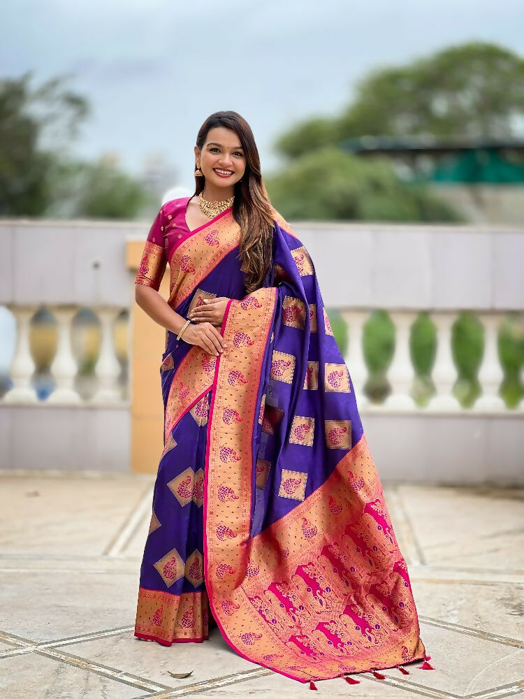 PR Fashion Violet Soft Banarasi Silk With Zari Weaving Meenakari Design Saree