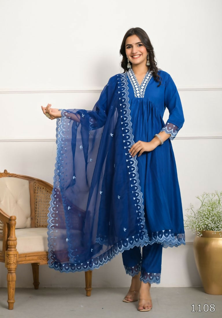 Festive Wear Ethnic Blue Silk wih cotton inner Stitched Suit With Dupatta - Tanisha