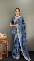 Vastranavya Sea Blue Chinnon Silk Embroidery Multi Sequence & Arco Cut Work Ready to Wear Saree
