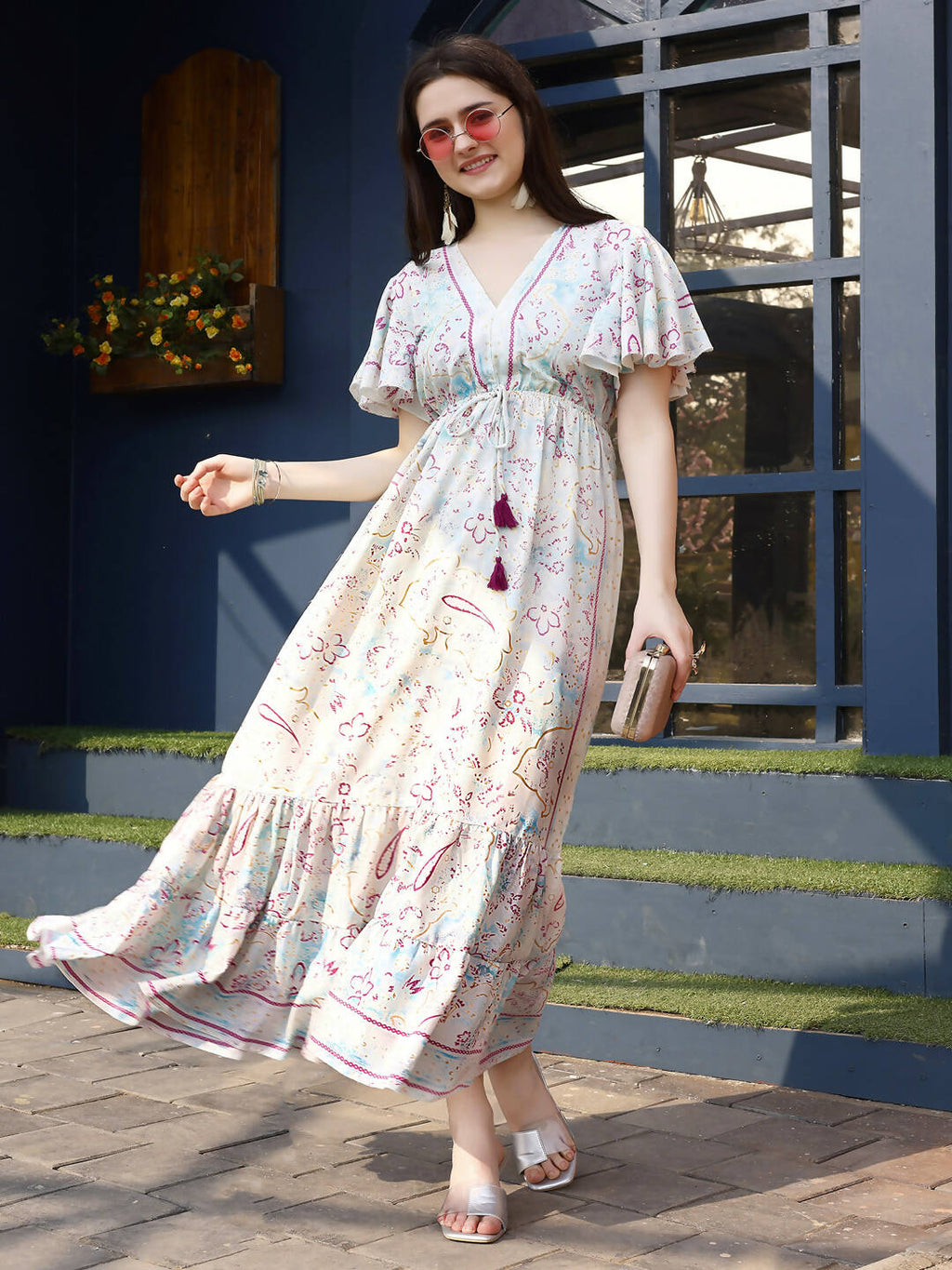 Off white Rayon Foil Printed Long Dress - Michan
