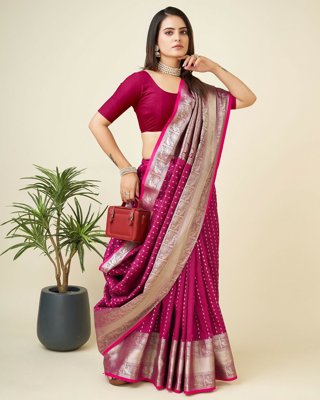 Joban Fashion Rani Pink Small Butti Banarasi Silk Sarees