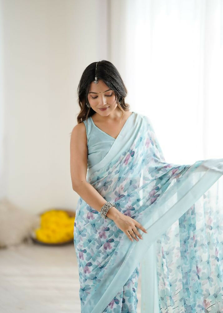PR Fashion Sky_Blue Bright Moss Satin Patta Printed Saree