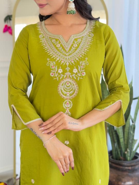 The52 Women's Viscose Embroidery work Straight Kurta with Pant and Dupatta Set