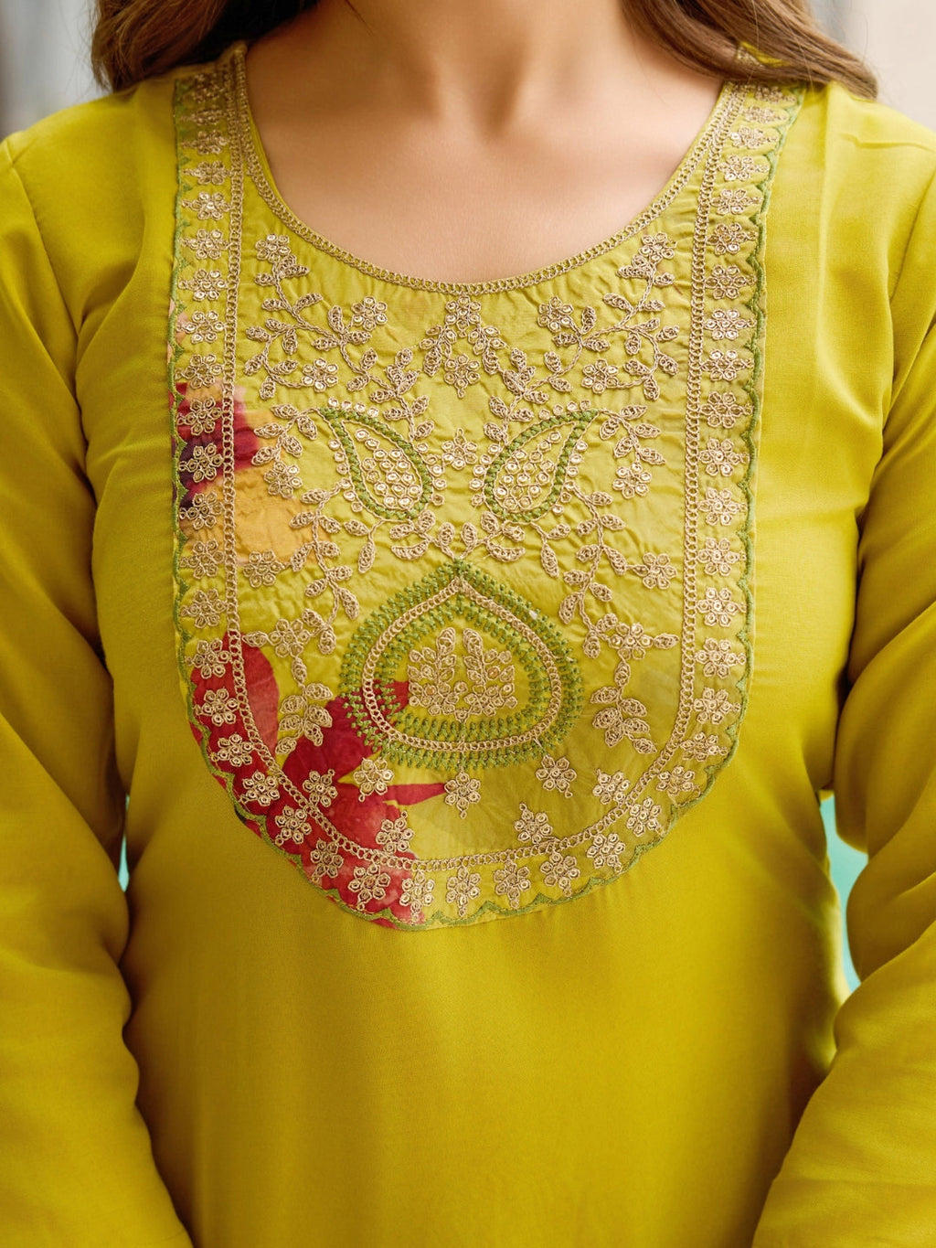 The52 Women Embroidered Rayon Fabric Straight Kurta, Pant and Dupatta Set