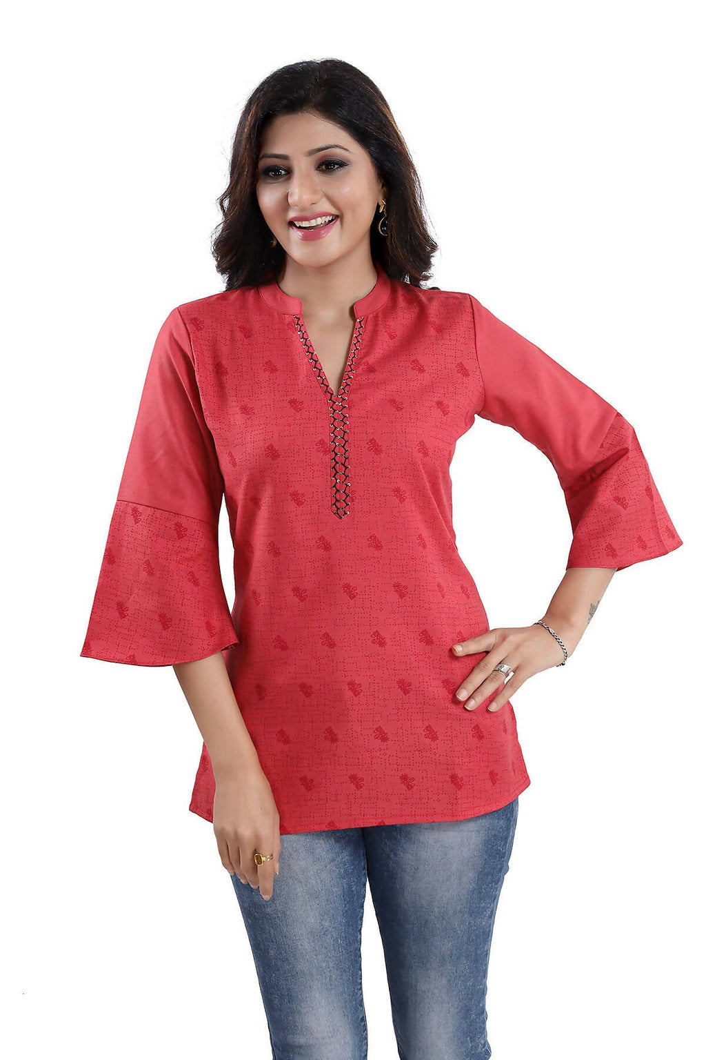 Snehal Creations Tomato Cotton Blended Casual Short Tunic Top