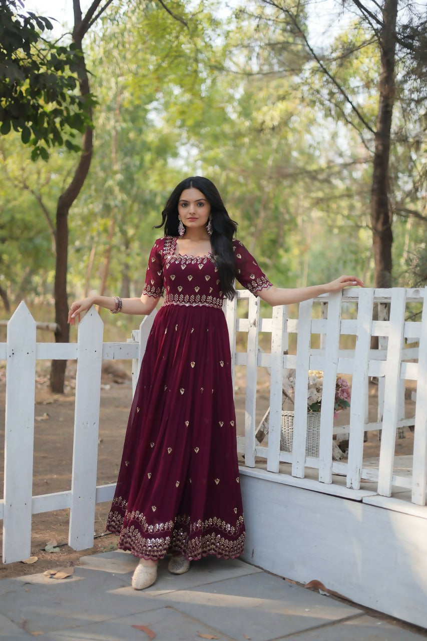 Vastranavya Premium Designer Faux Blooming with Embroidery Zari Sequins work Gown - Maroon