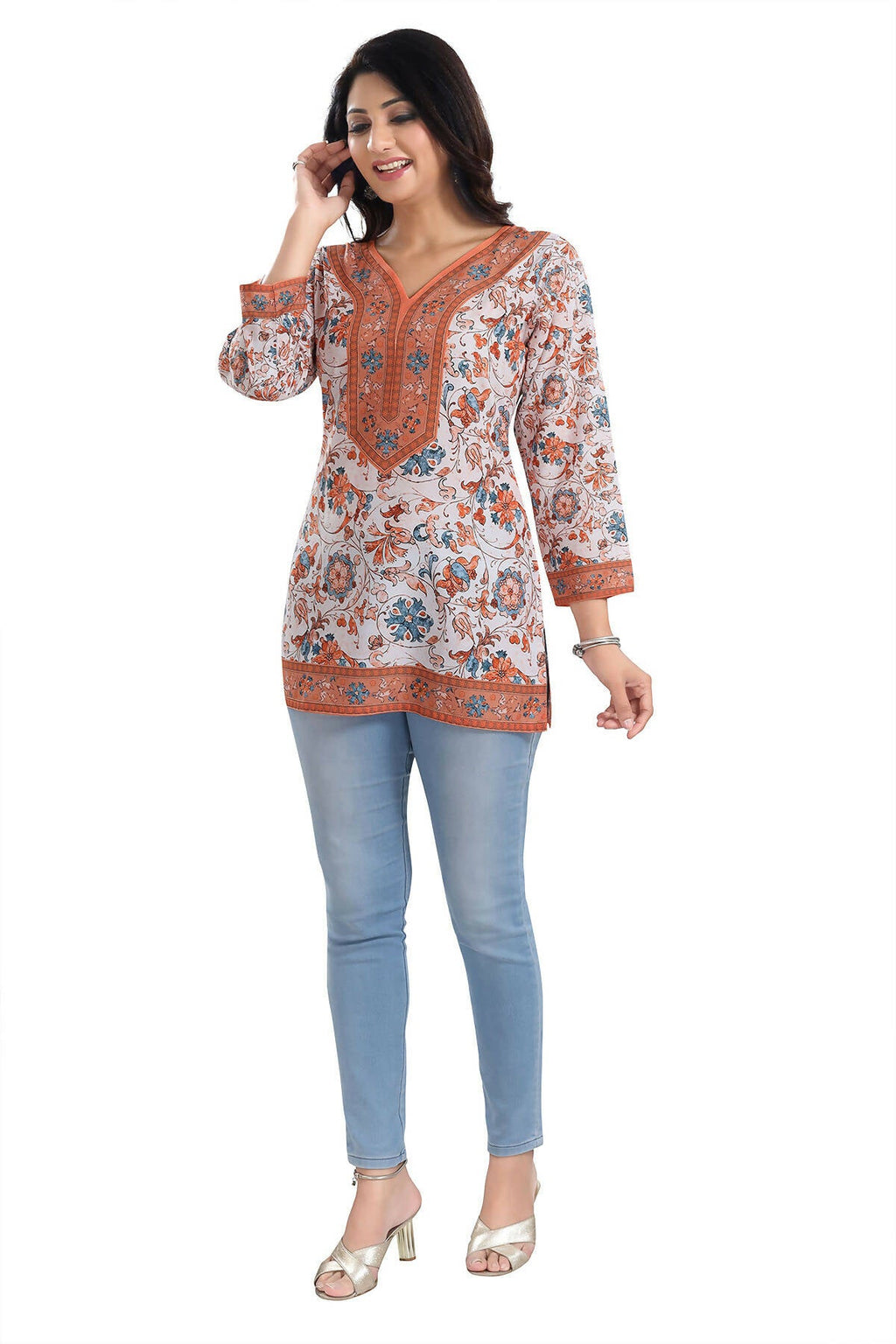 Snehal Creations Cream Faux Crepe Short Kurti Tunic Top