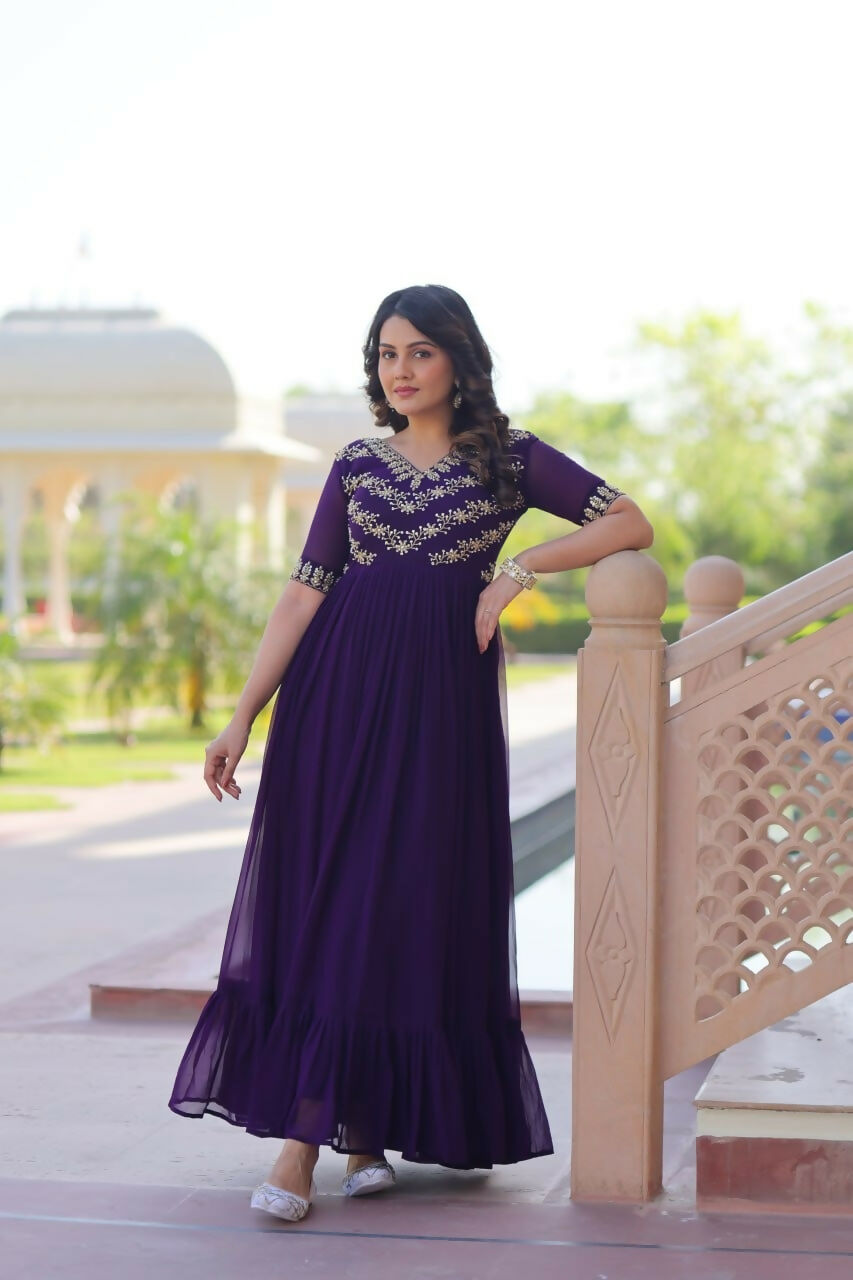 Teeya Creation Purple Color Faux Georgette Party Wear Hand Embroidery Work Long Gown