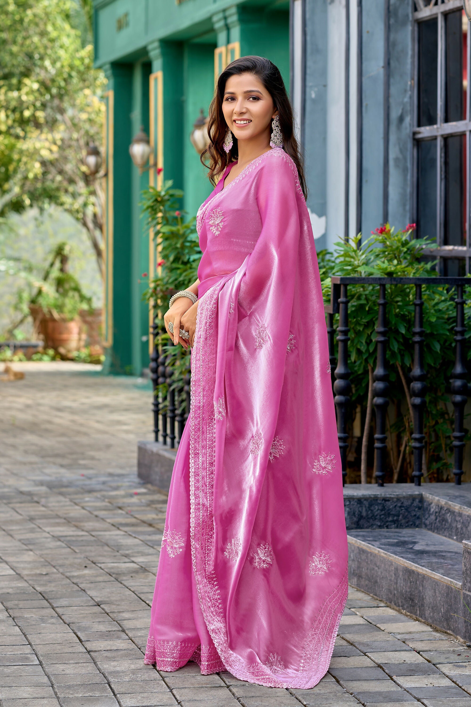 Vastranavya Baby Pink Embroidery Work Shimmer Chiffon Saree with Unstitched Blouse