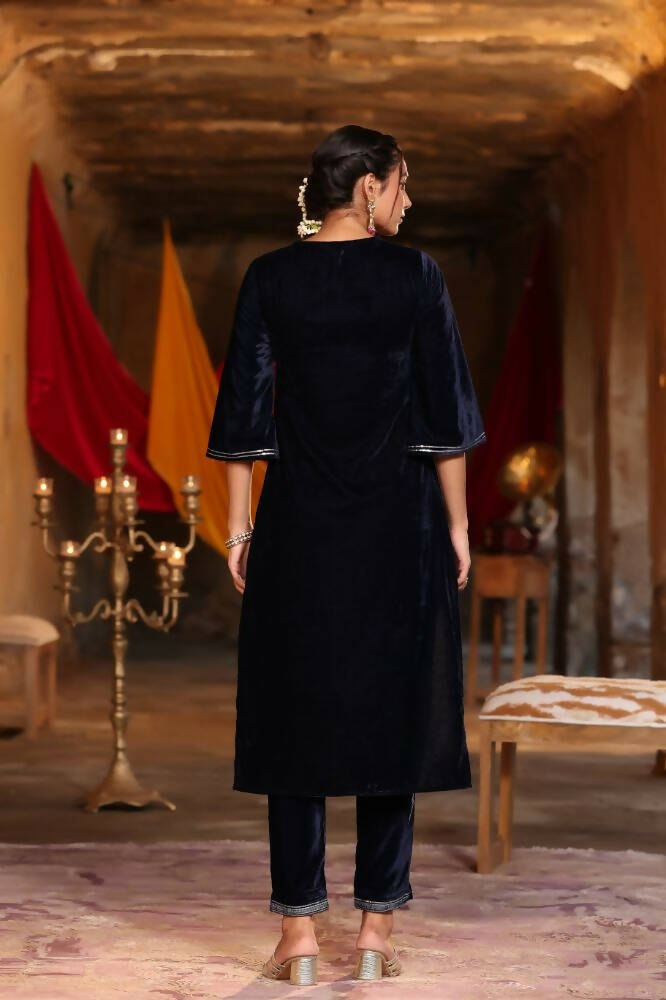 Juniper Women Navy Velvet Embroidered Straight Kurta Sets
