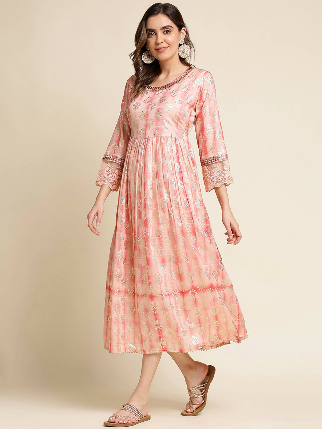 Peach Cotton Paisley Printed Fit & Flare Dress - Yukti