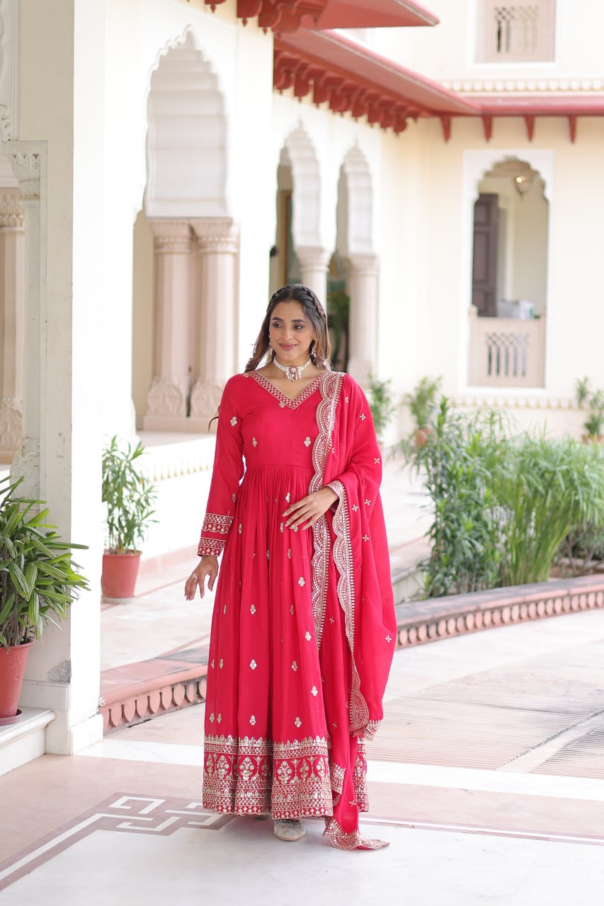 Lehenga Mart Premium Readymade Gown With Dupatta Set For Women-Rani Pink