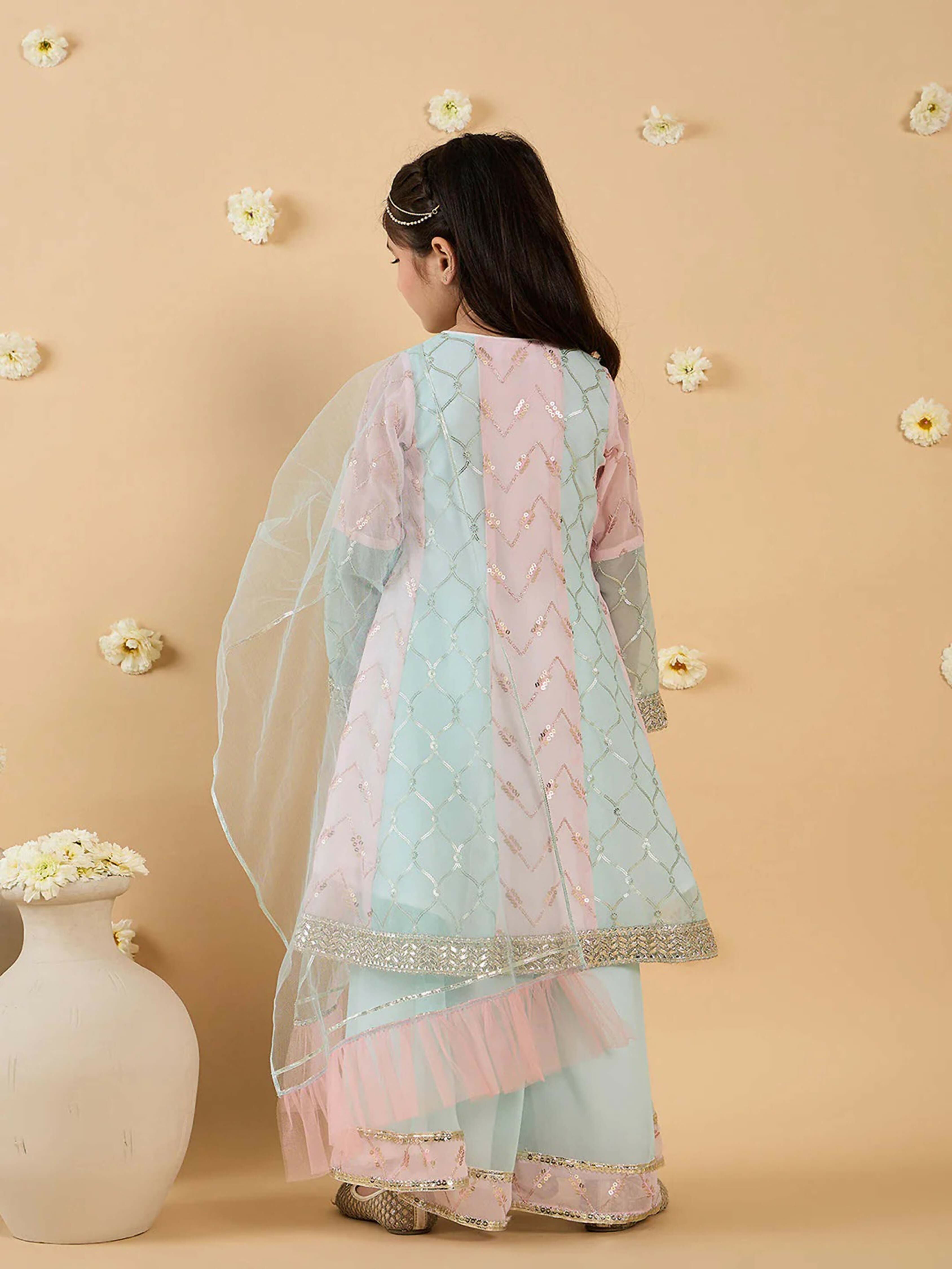 Joban Fashion Girl's Baby Pink & Sky Blue Color Lehenga Choli
