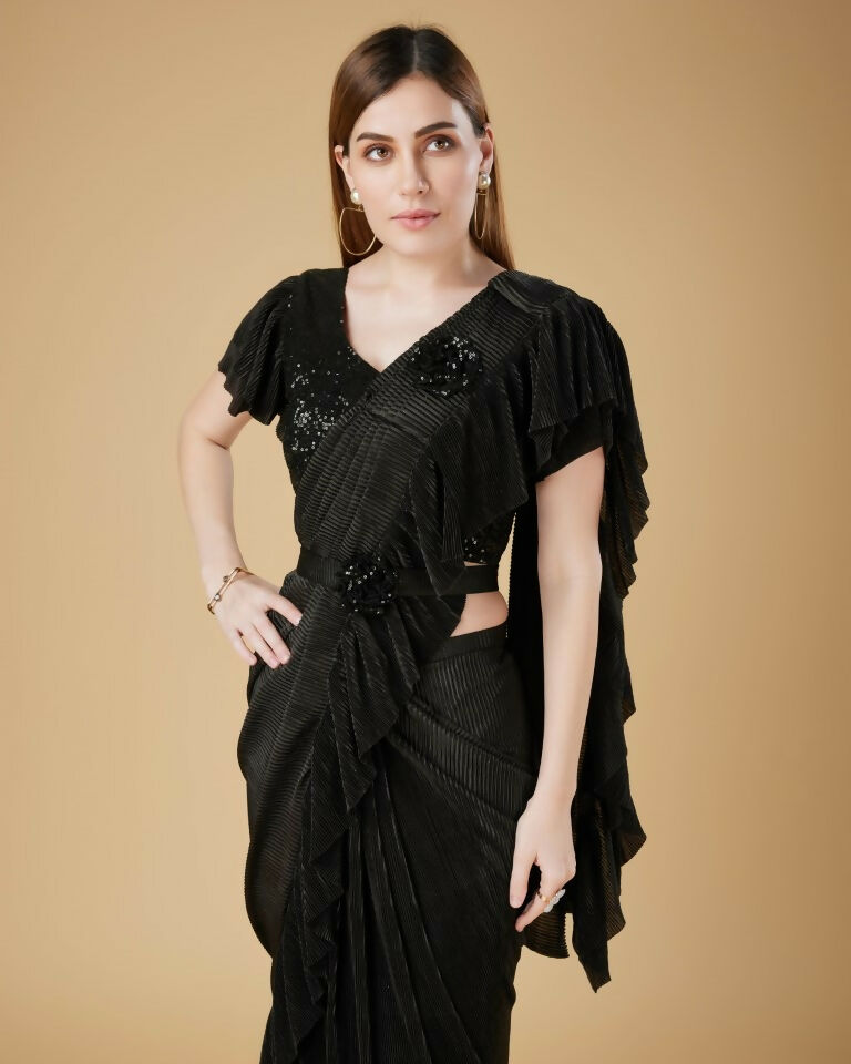 Black Imported Crush Solid Ready to Wear Saree with stitched Blouse - Aayan