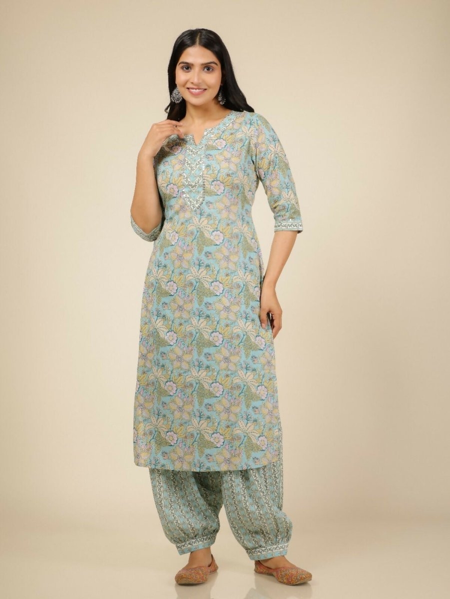 Aramya Blue Soft Cotton Floral Straight Kurta for Women