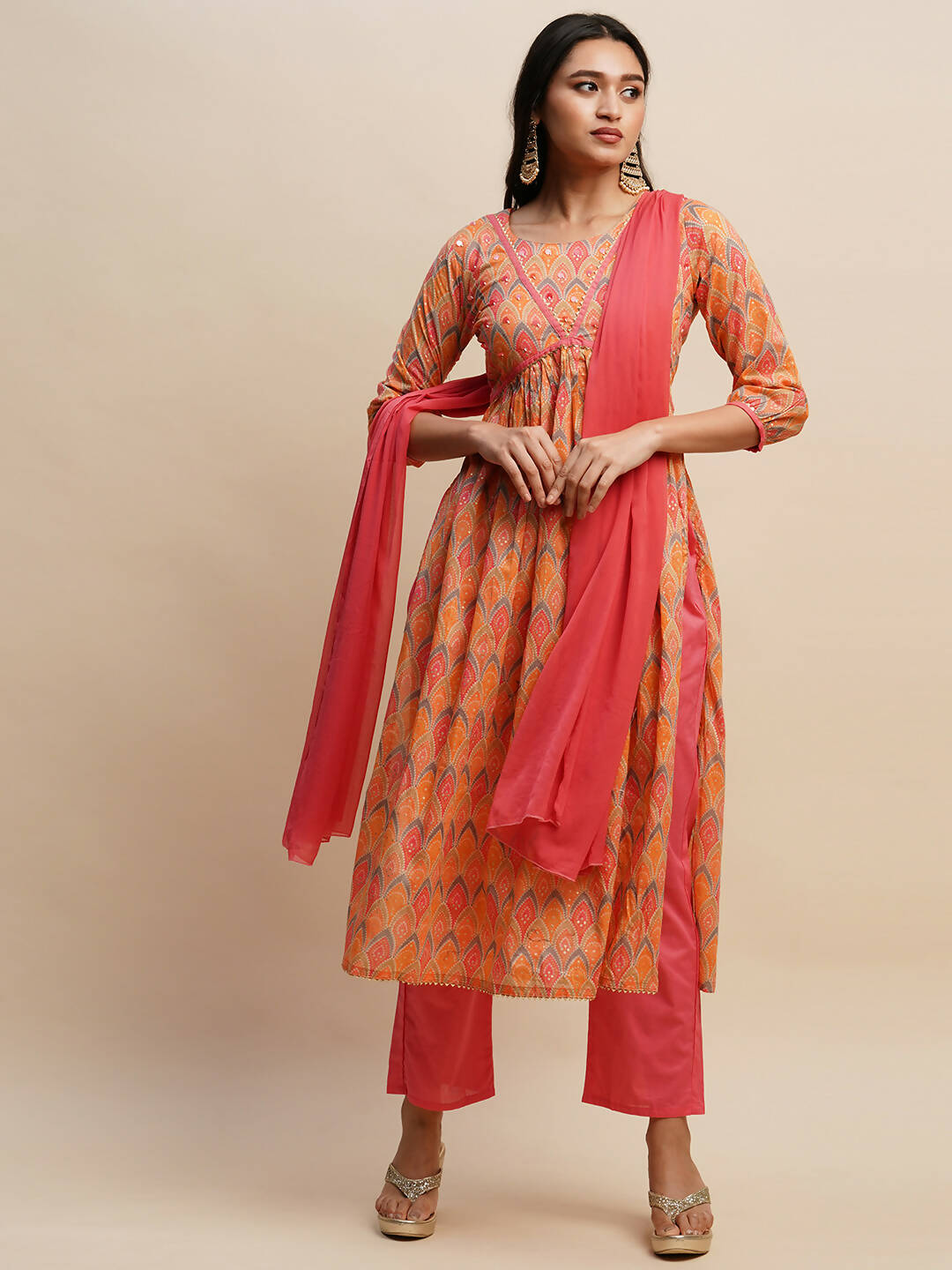 Orange Pure Cotton Bandhani Printed Naira Cut Kurta And Bottom With Dupatta - Akashara
