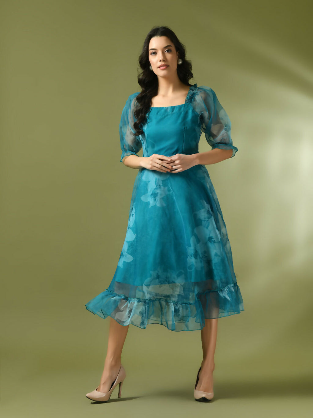 Myshka Women's Teal Printed Square Neck Fit and Flare Party Dress