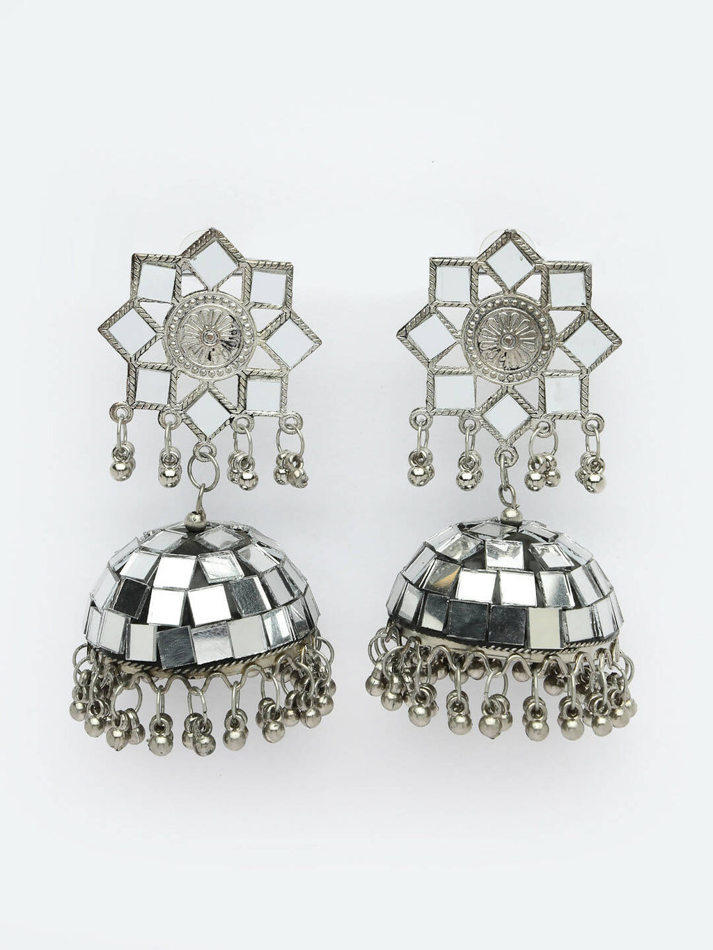 NVR Women Silver Mirror Oxidised Brass-Plated Jhumka Earrings