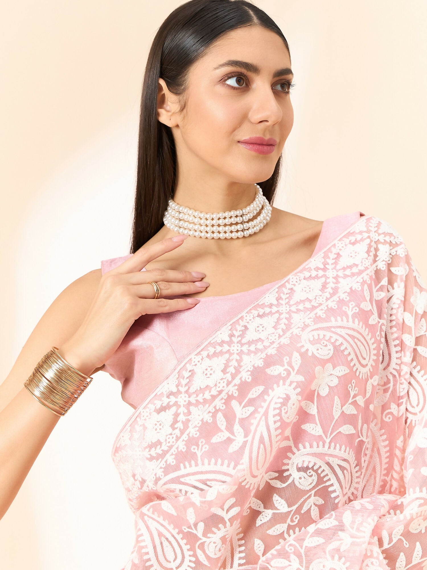 Pink Organza Paisely Embroidered Saree with Unstitched Blouse Piece - Roozal