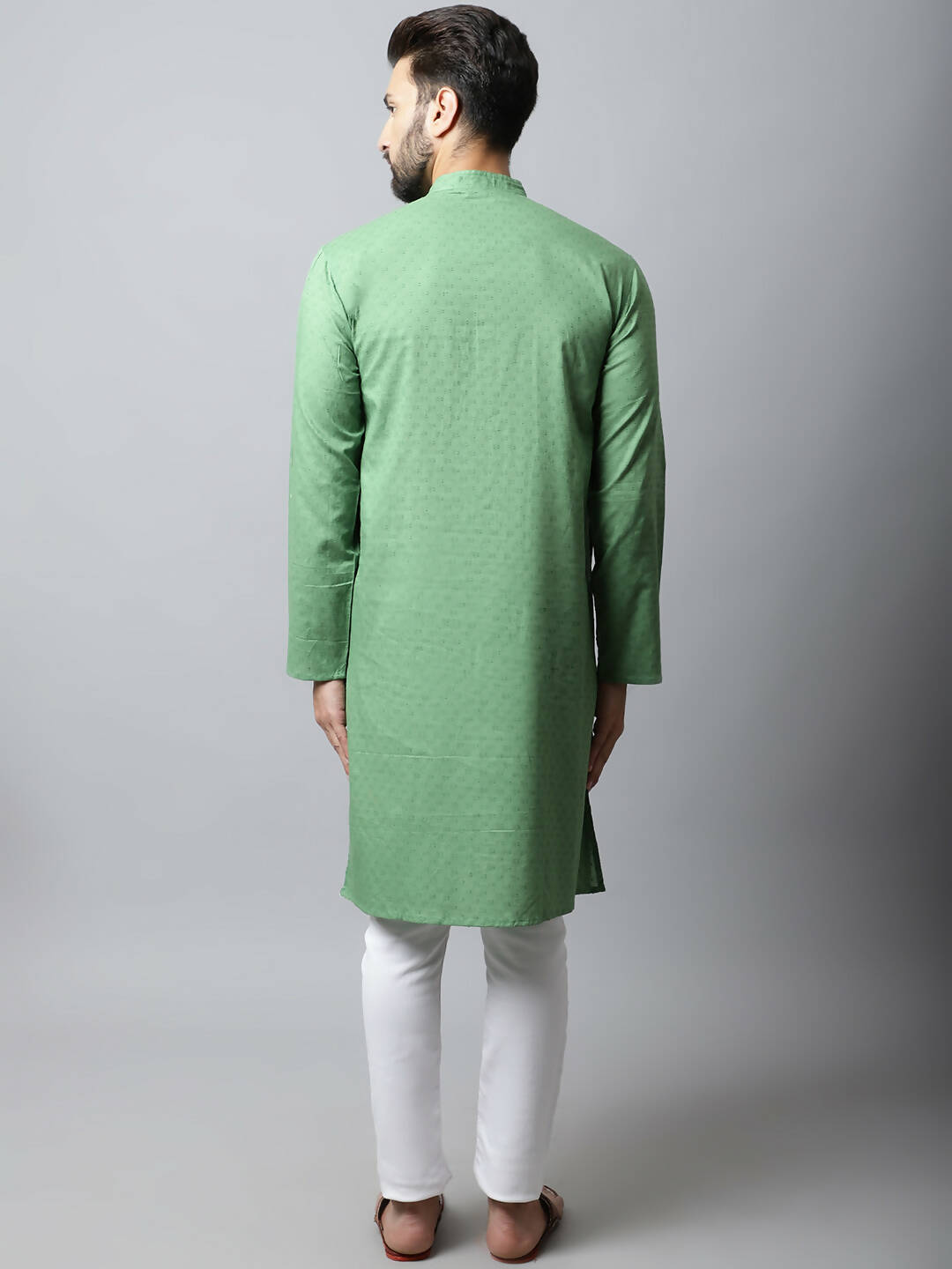 Even Apparels Green Color Pure Cotton Men's Kurta With Band Collar (SLD073)