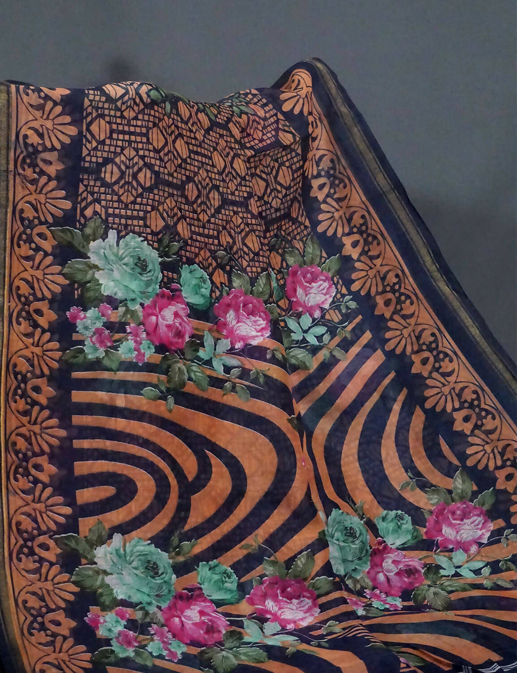 Shades Of Navy Blue Floral Design Semi Chanderi Saree By Gayathri Reddy Designer Studio