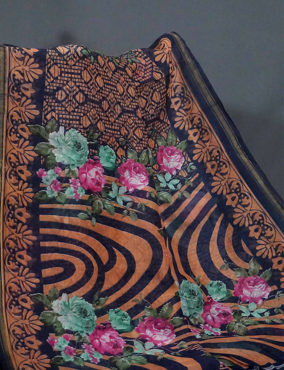 Shades Of Navy Blue Floral Design Semi Chanderi Saree By Gayathri Reddy Designer Studio