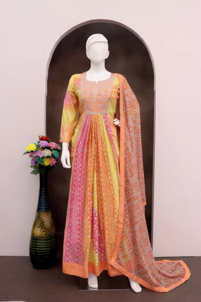 Vastranavya Pink Muslin Printed Sequins Beads Work Abaya Style Anarkali Suit