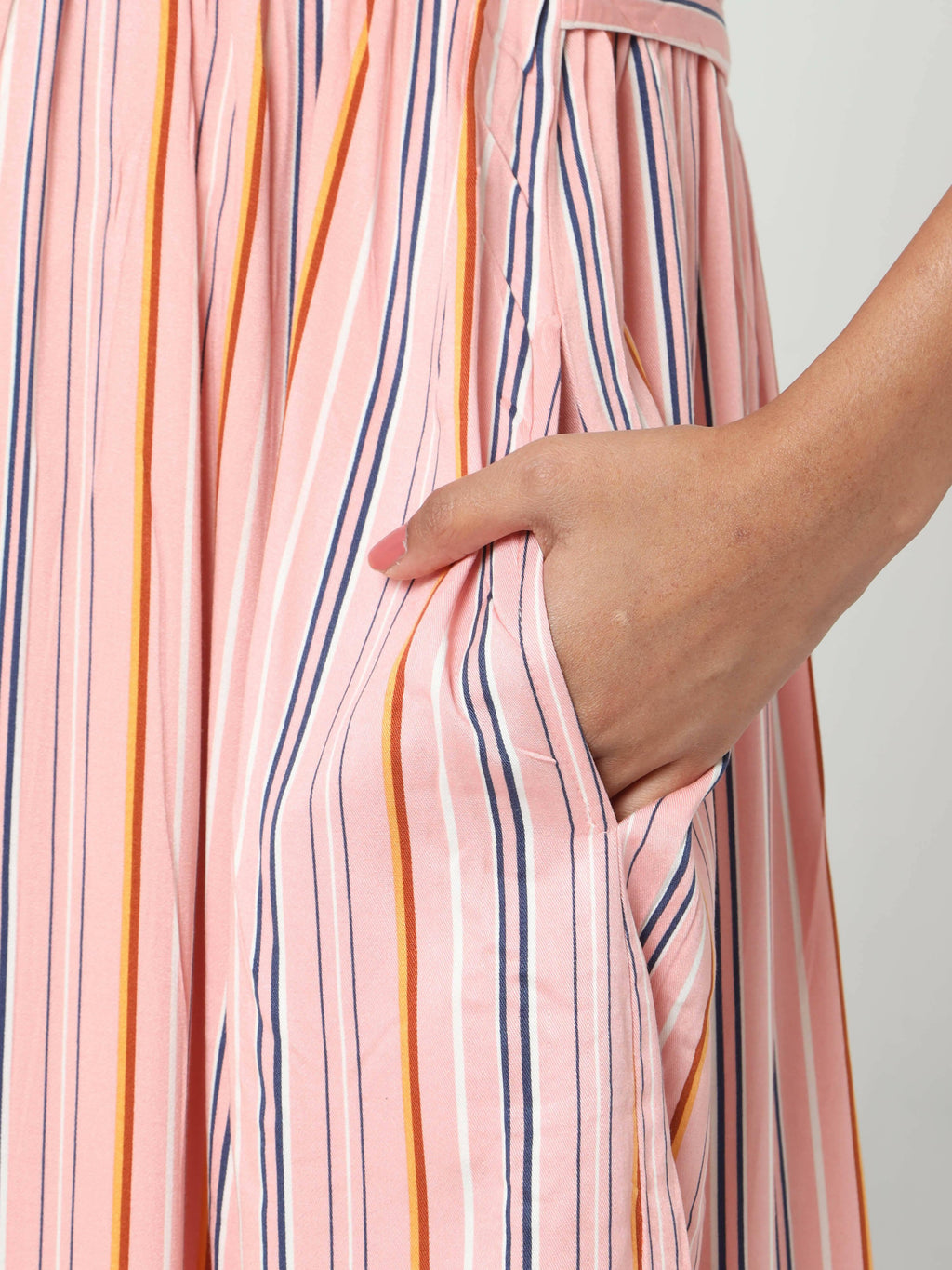 Manet Three Fourth Maternity Dress Strip Print With Concealed Zipper Nursing Access - Pink