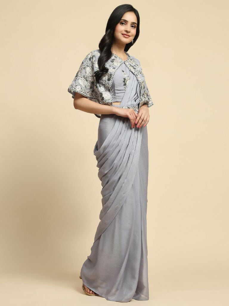 Grey Chiffon Solid Ready to wear Saree with stitched Blouse - Aayan