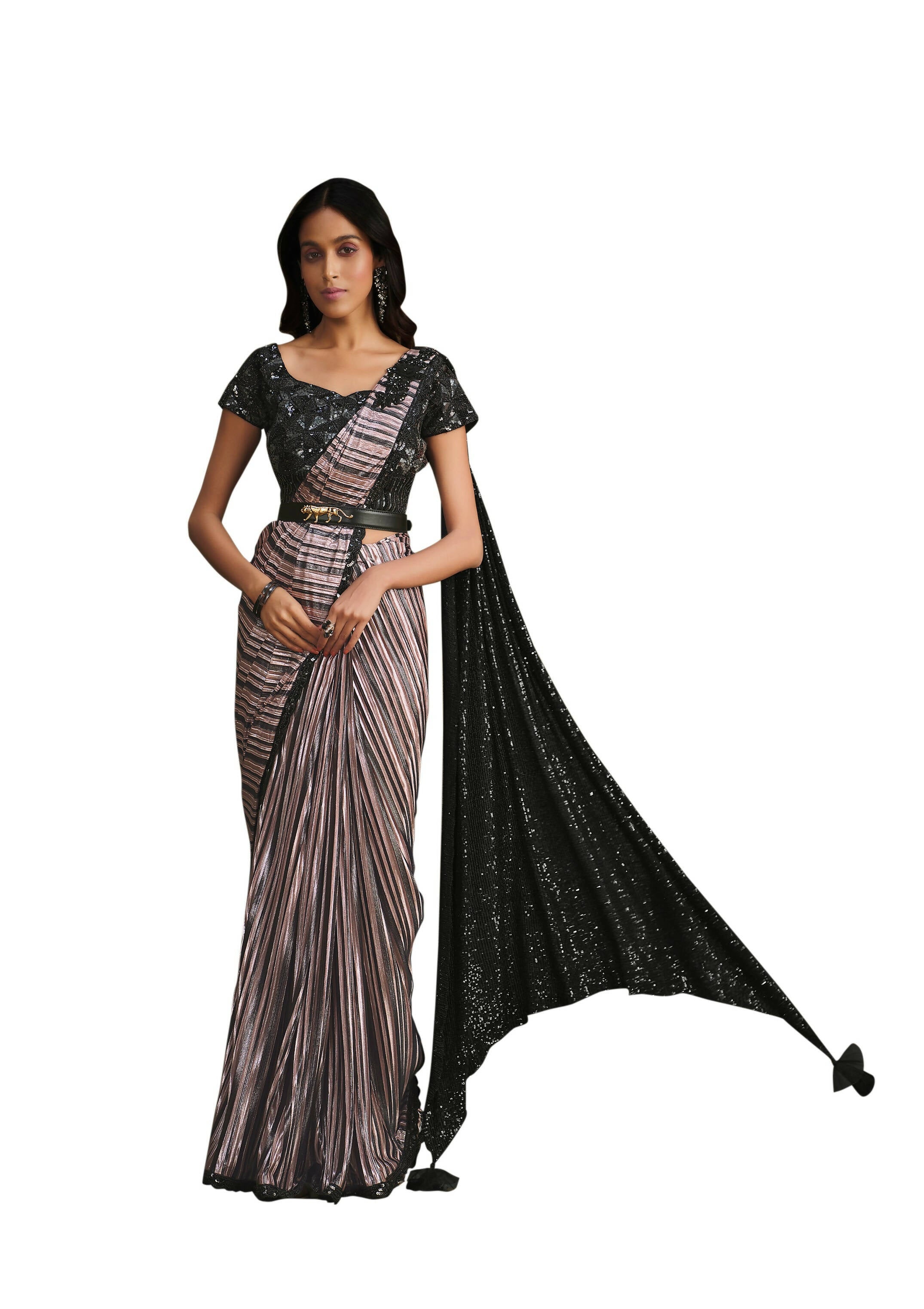 Lavendor Modern Value Sequence Embroidered Saree With Stitched Blouse - Mohmanthan La Belle