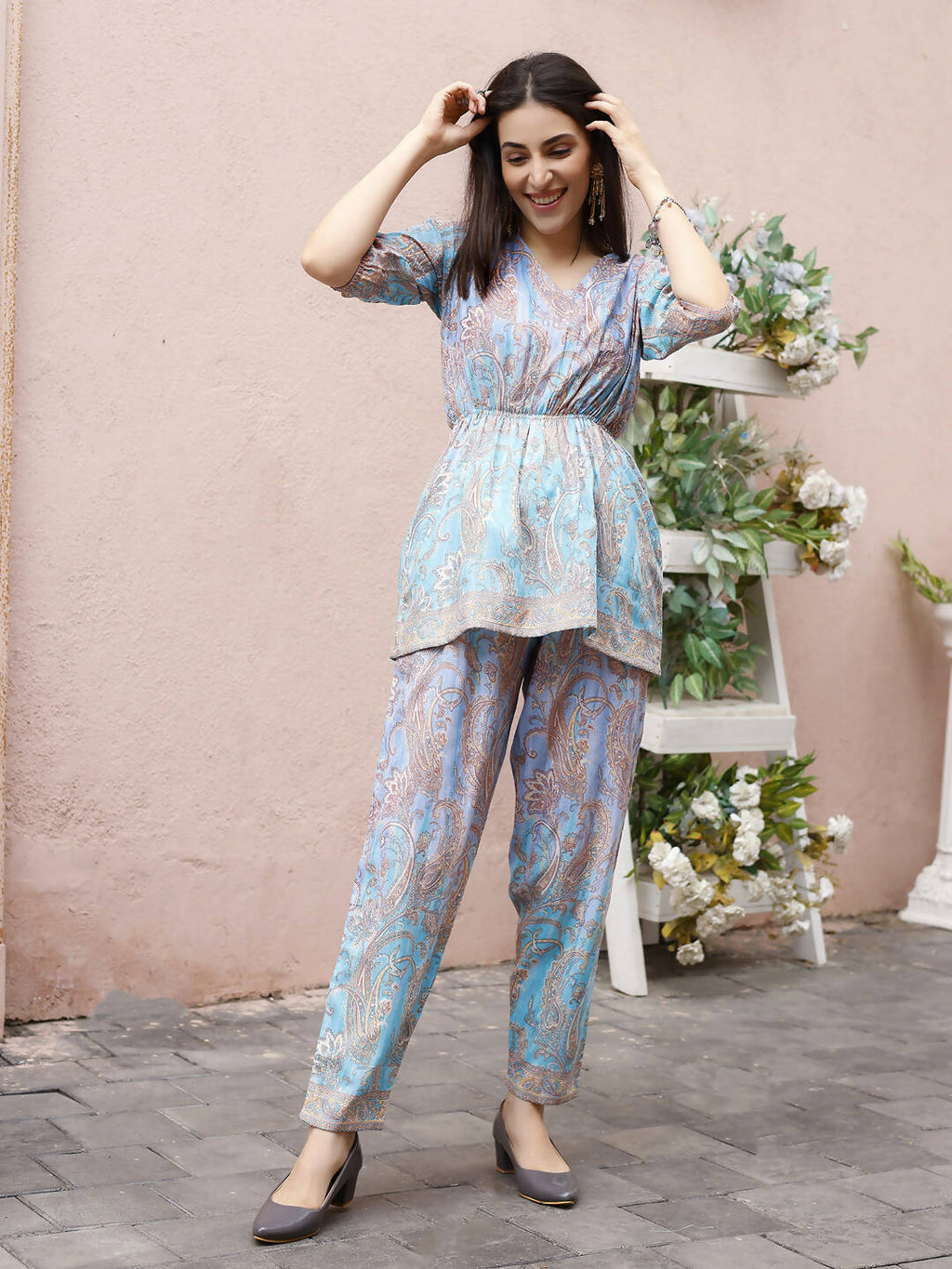 Light Blue Rayon Paisley Printed Top with Matching Bottom - Eesha