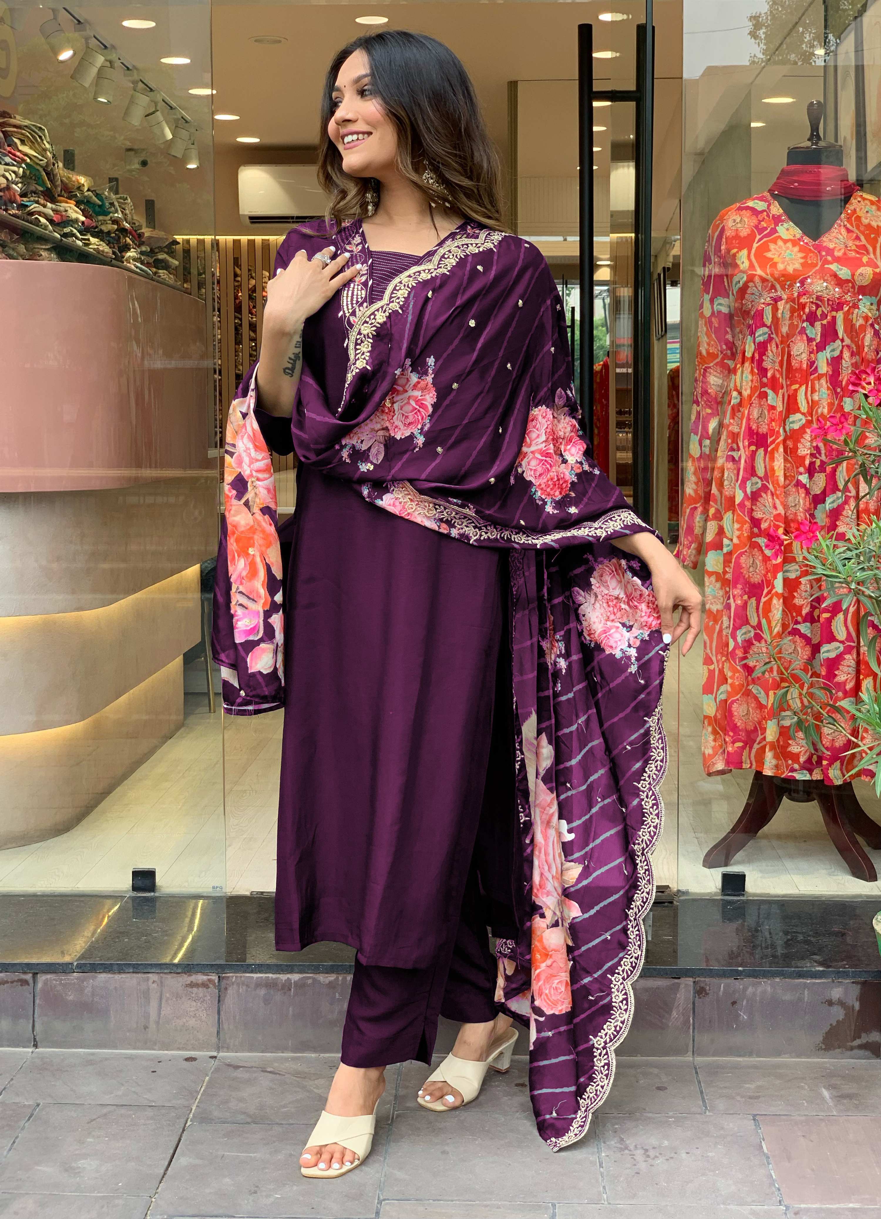 Yash Enterprise Wine Rayon Embroidery Party Wear Suit Set