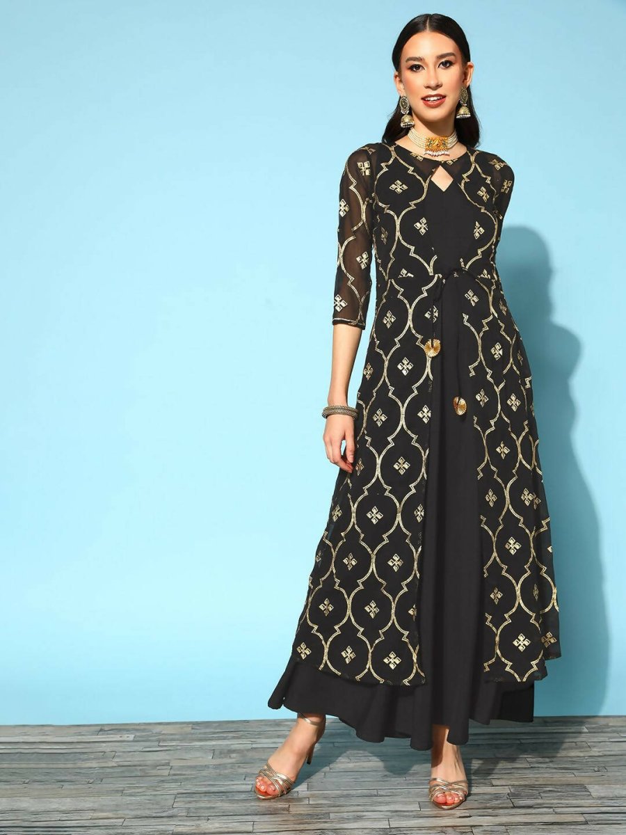 Ahalyaa Women's Olive Printed Jacket Style Dress