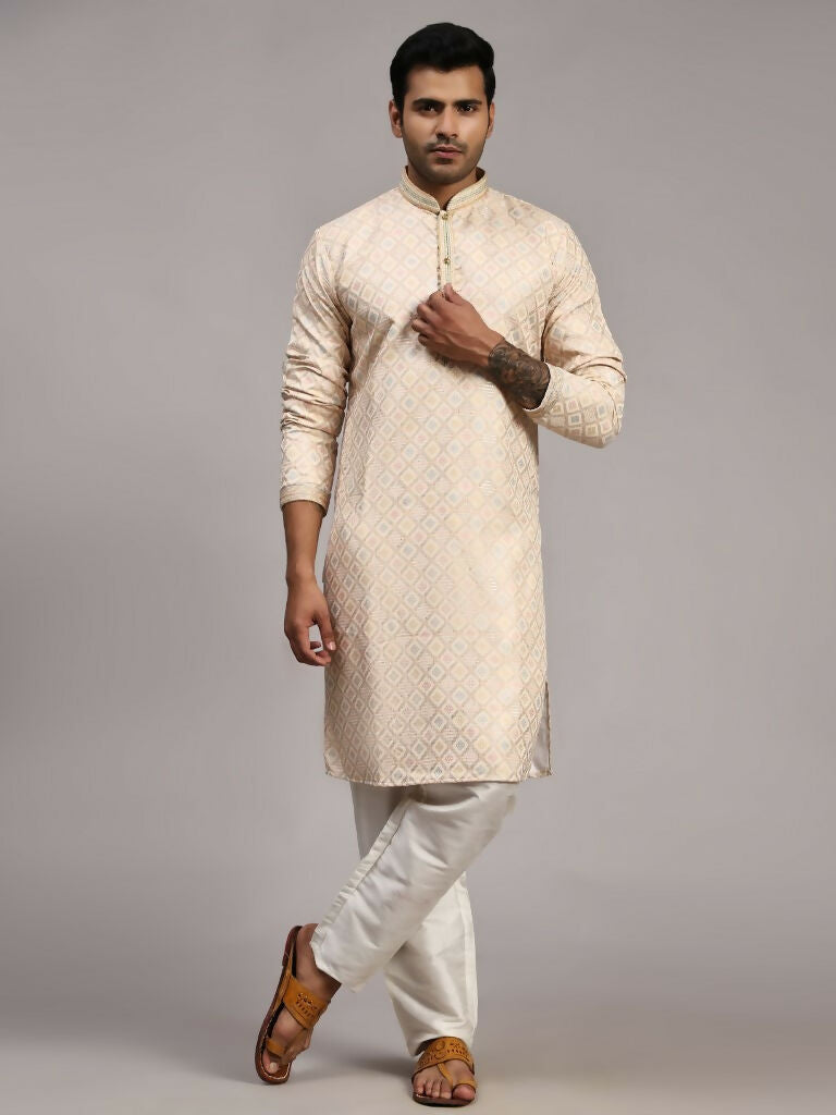 Cream Viscose Jacquard Woven Jacquard Designer Men's Rajwadi Kurta Set - Mahotsav