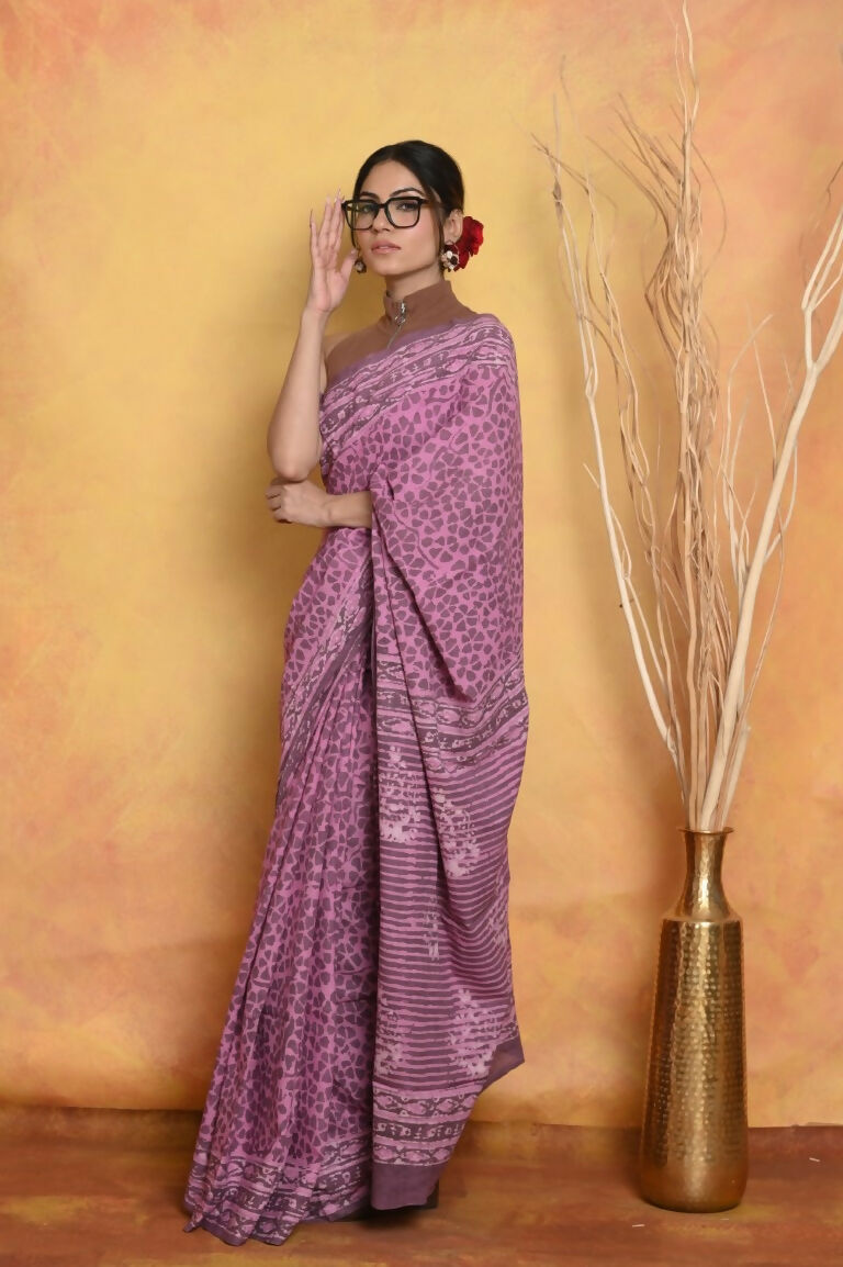 Very Much Indian Handblock Printed Cotton Saree With Natural Dyes - Pink