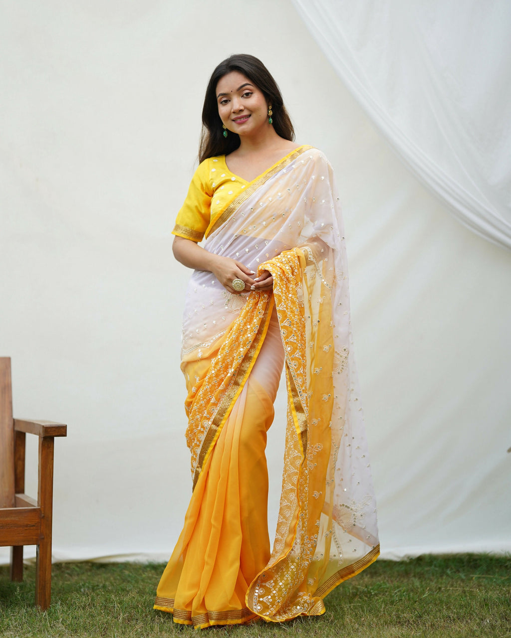 Vamsee Yellow Sequence 2 Yellow & White Georgette Saree