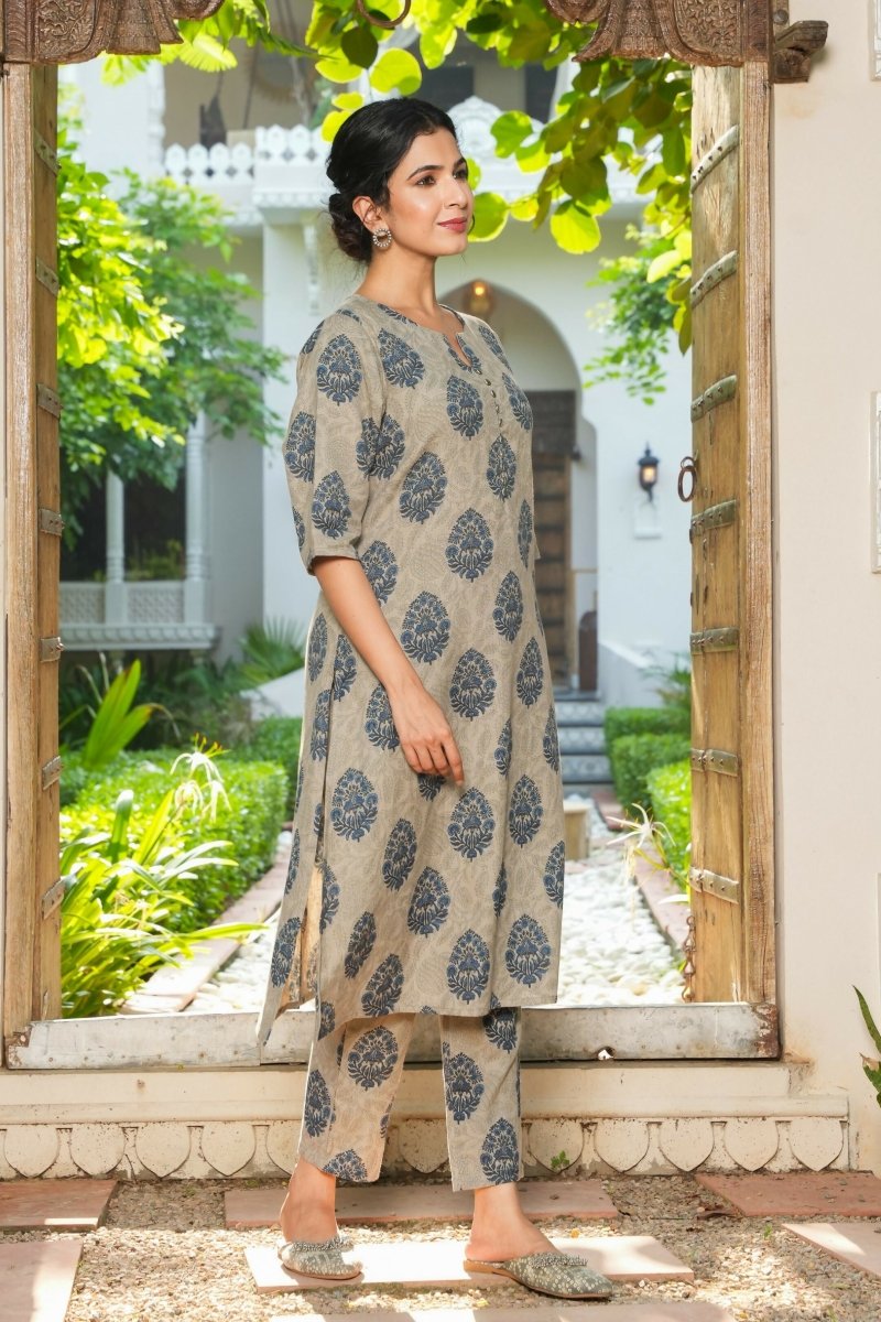 Aramya A-line Linen Cotton Floral Print Women's Kurta - Grey