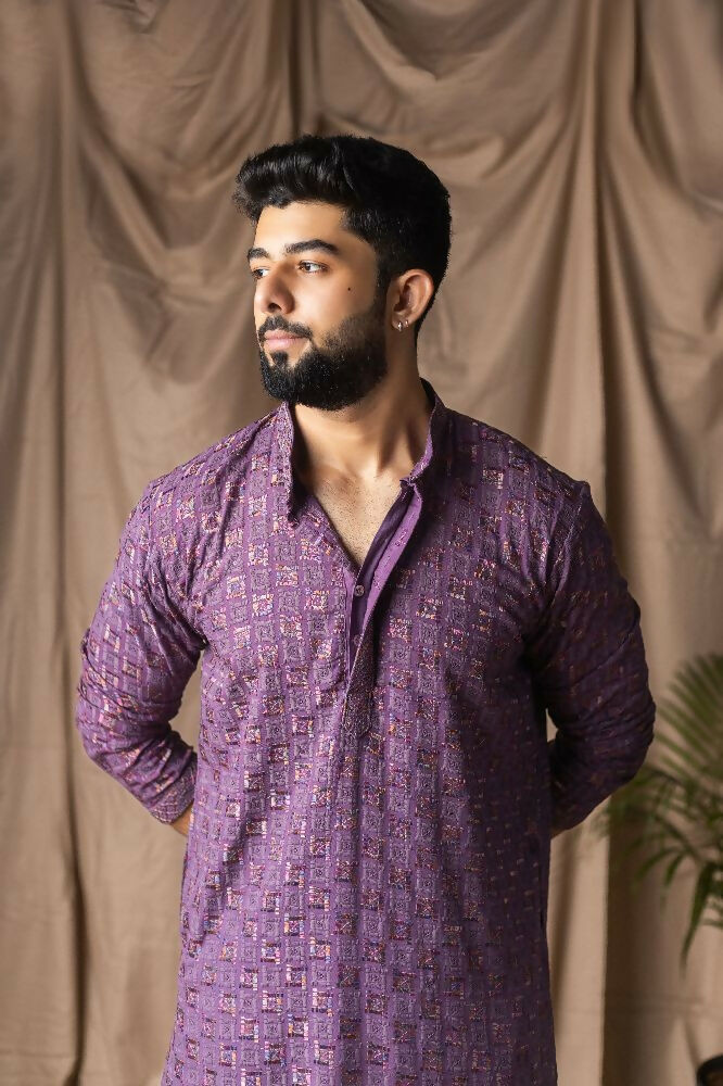 Purple Rayon Thread Embroidery Work Kurta Set - Mahotsav
