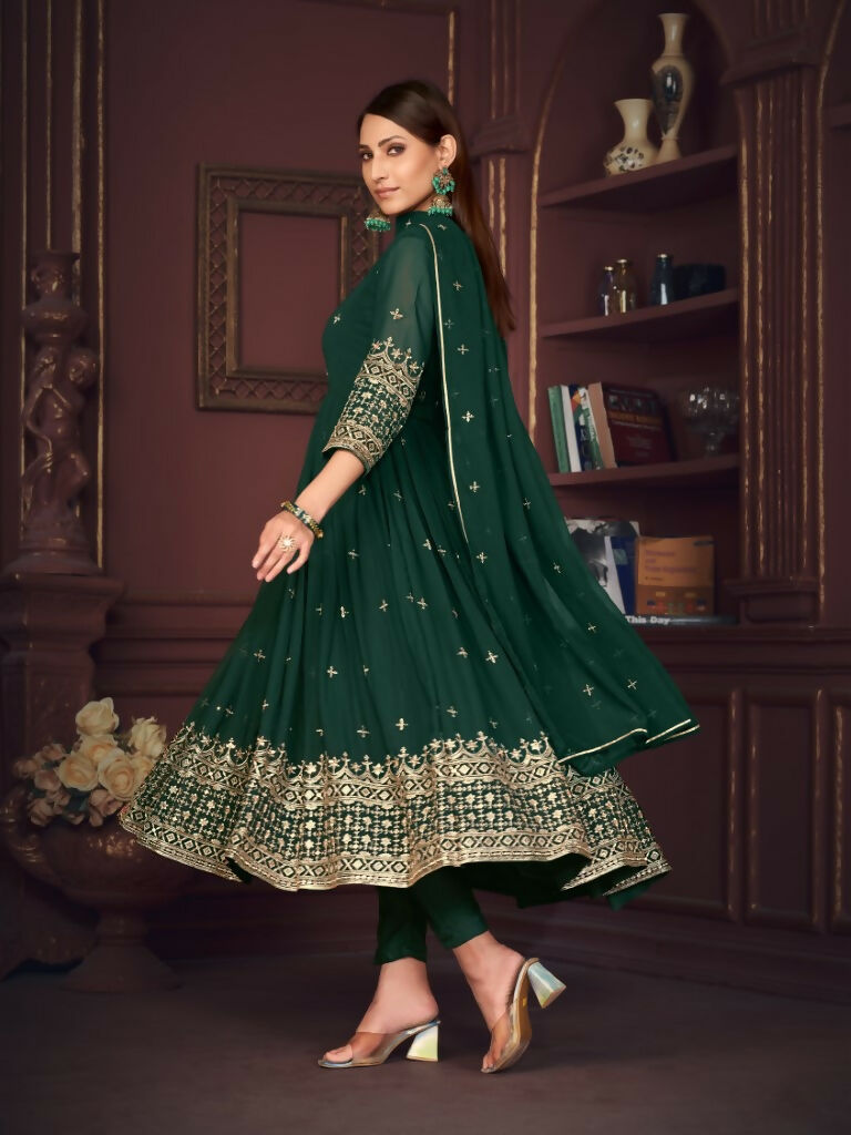 Jyoti Fashion Women's Golden & Bottle Green Georgette Embroidered Anarkali Kurta Pant Set With Dupatta