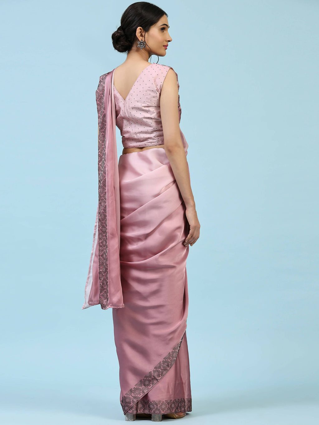 Purple Ombre Satin Georgette Plain Ready to wear Saree with stitched Blouse - Vrinda