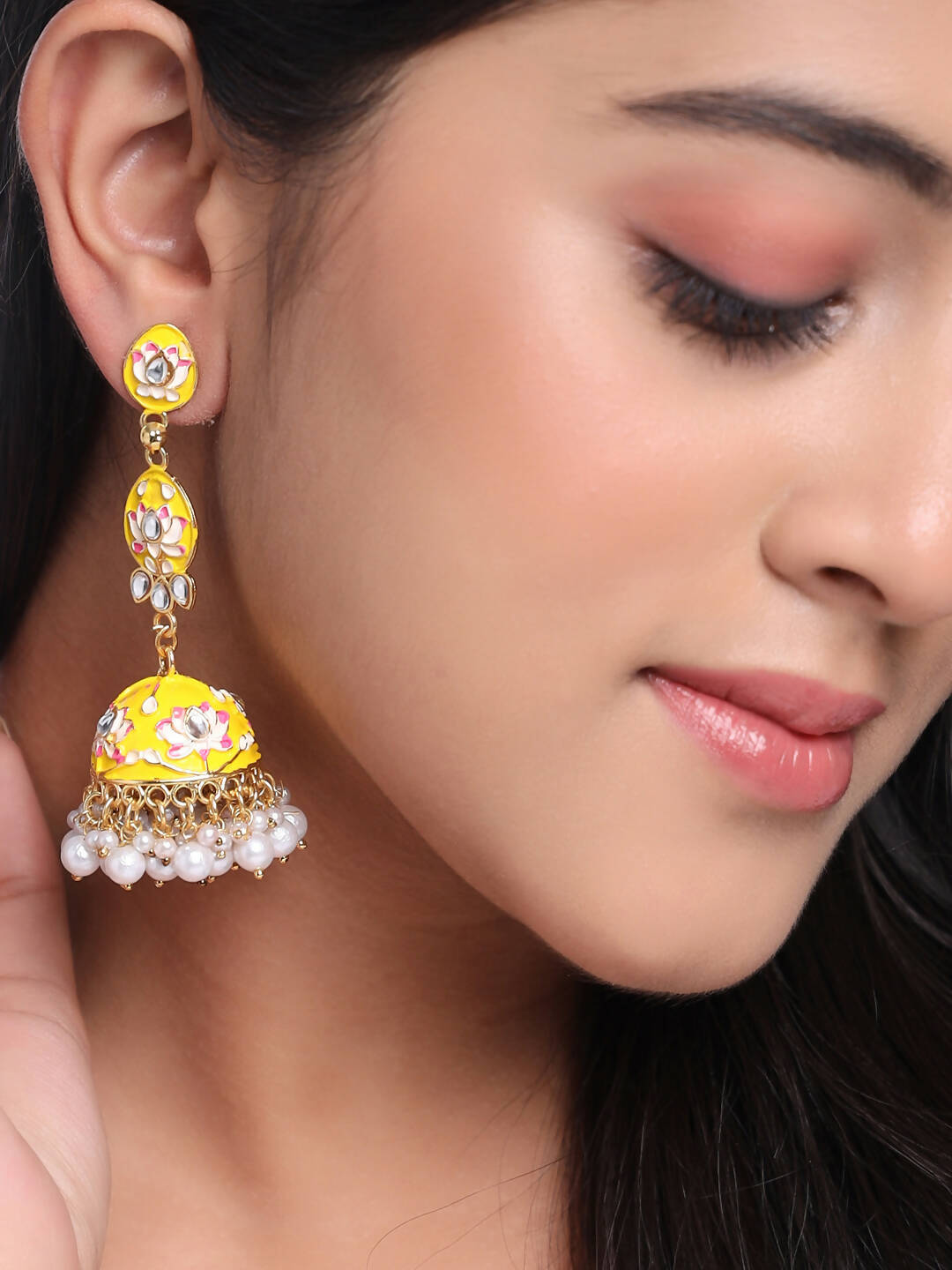 NVR Women Gold-Polished Yellow Jhumkas Earrings