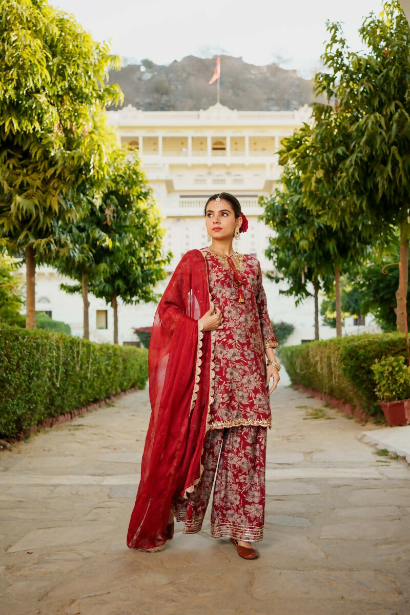 Vaasva Women Maroon Muslin Floral & Embroidered Cut Work Kurta ,Sharara & Dupatta set