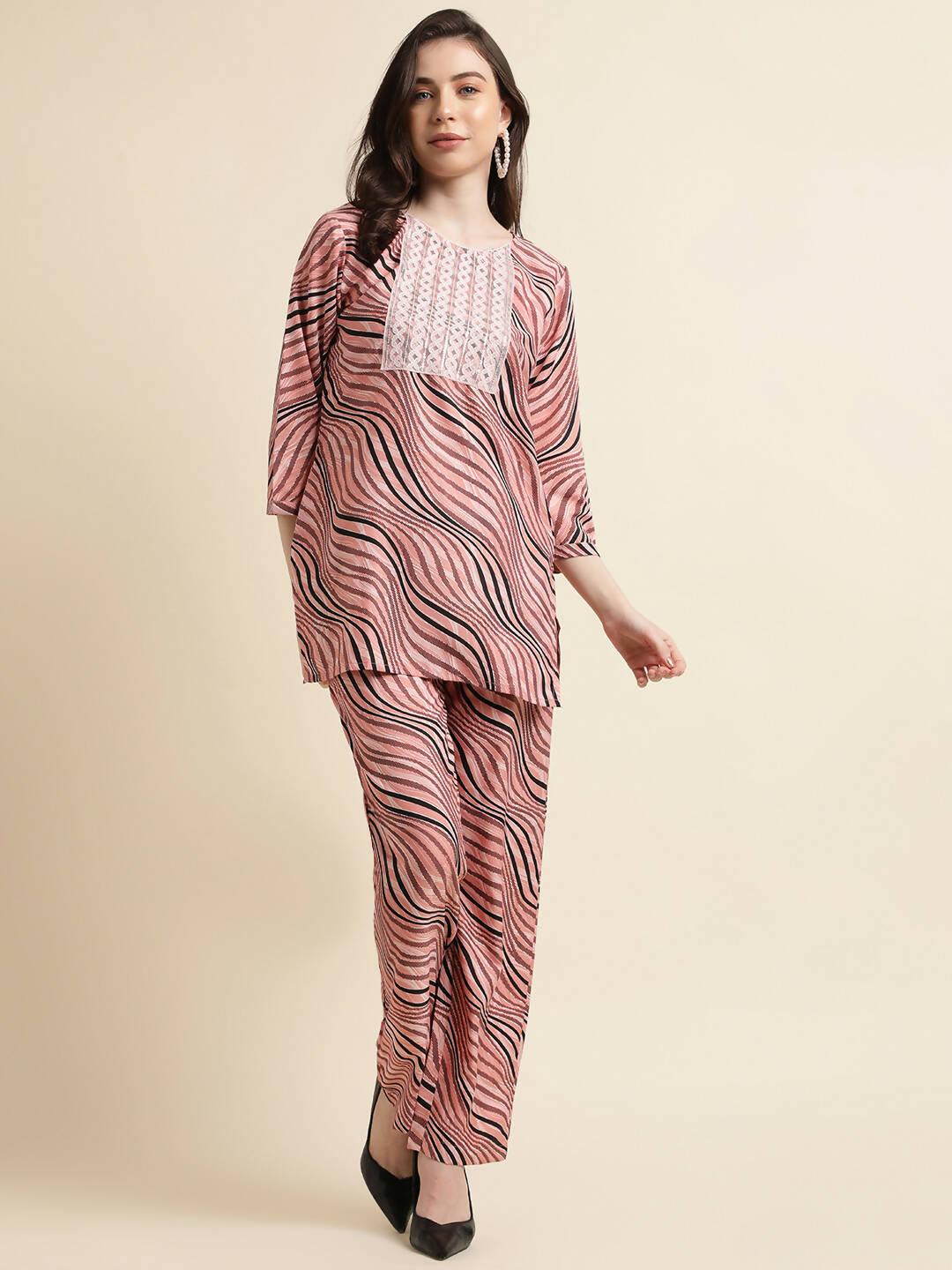 Peach Poly Crepe Digital Printed Top with Matching Bottom - Preeti