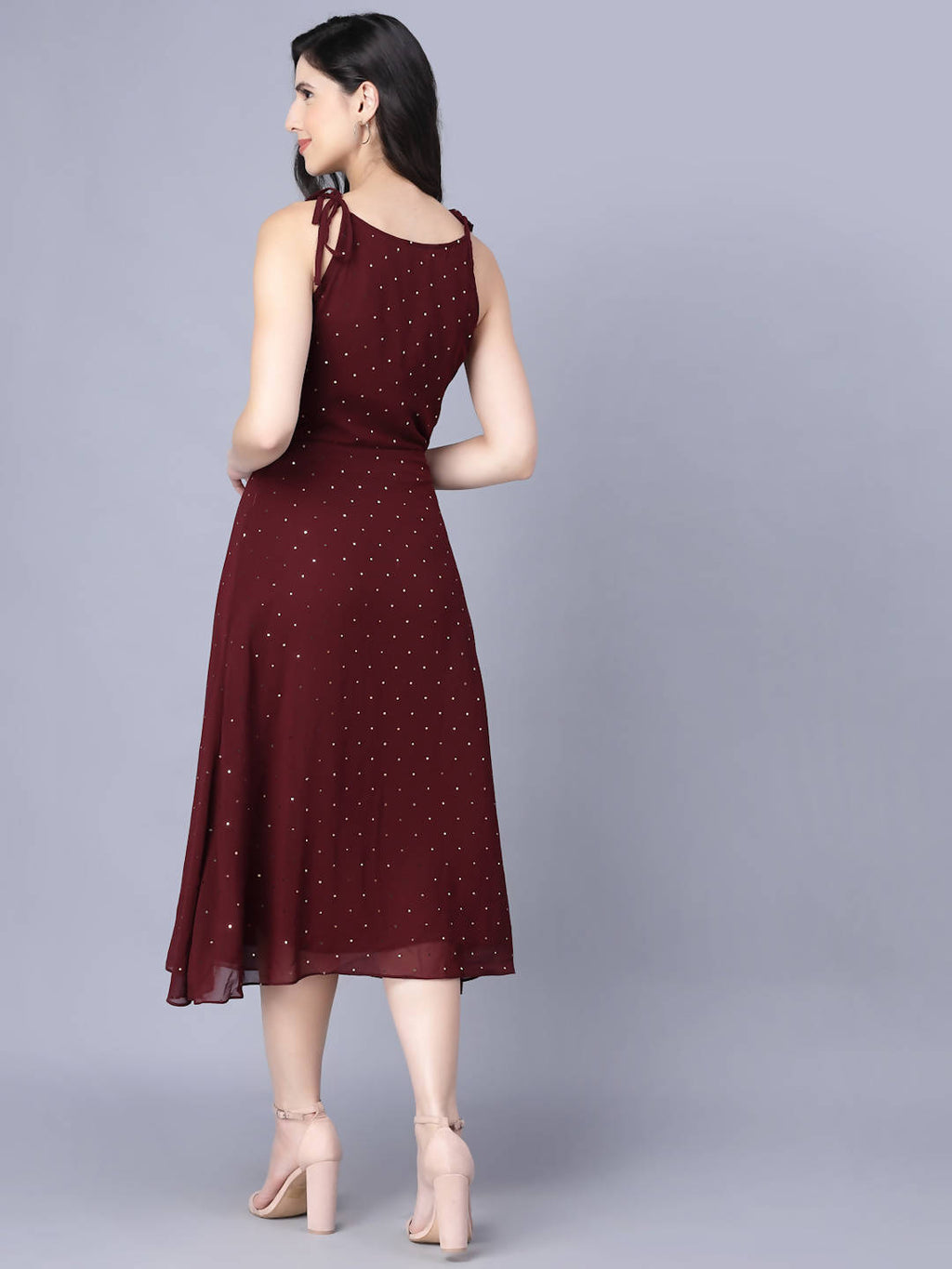 Myshka Georgette Solid Sleeveless Shoulder Straps Maroon Women Dress