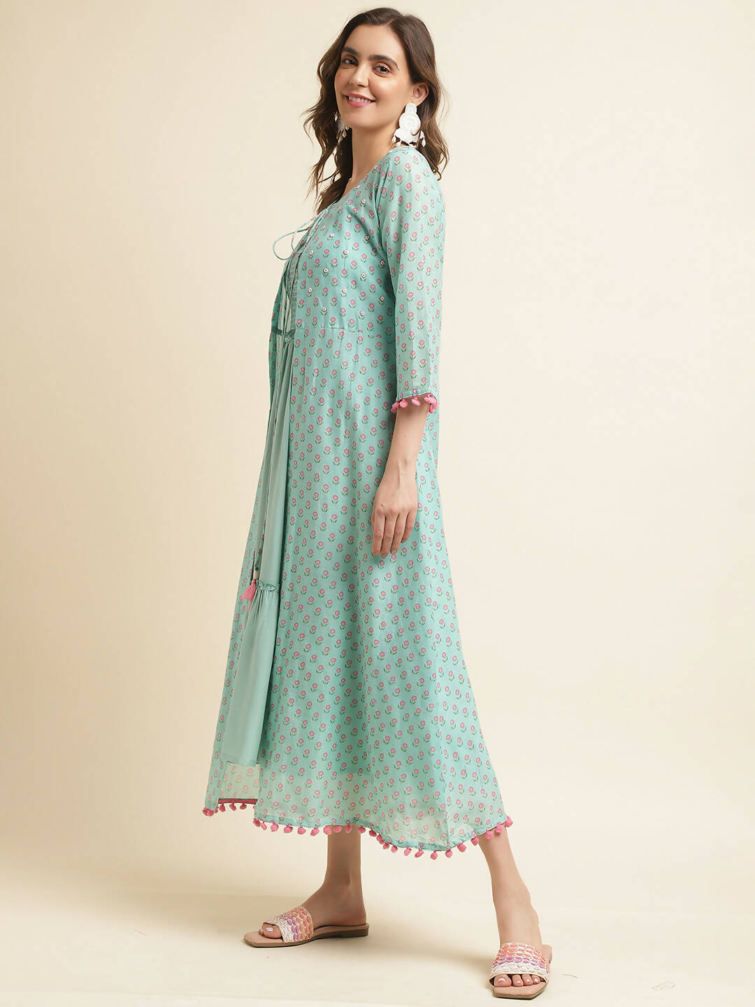 Sea Green Cotton Solid Flared Dress with Printed Shrug - Yukti