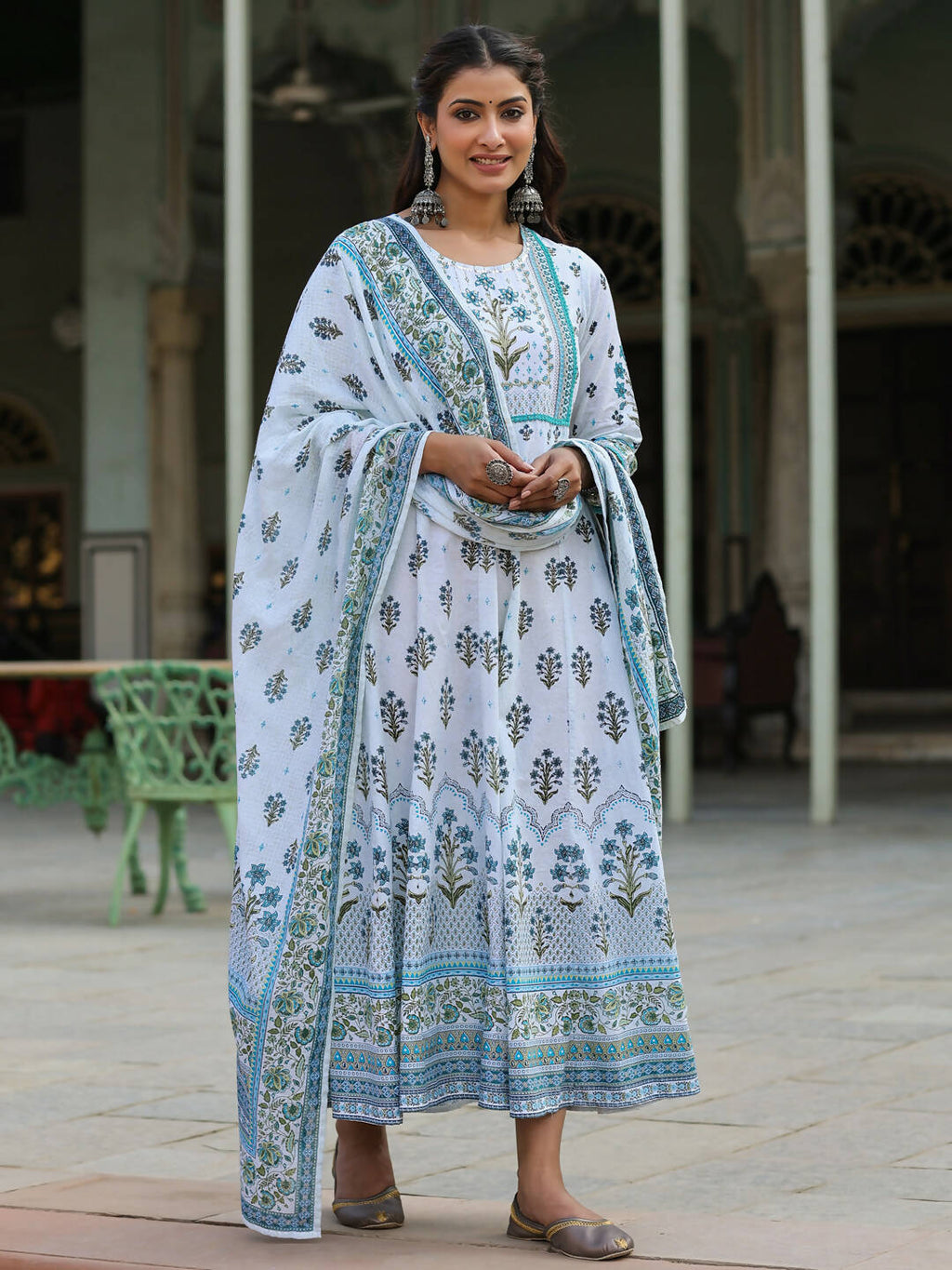 Juniper Women's Skyblue Cambric Floral Placement Kurta Dupatta Sets