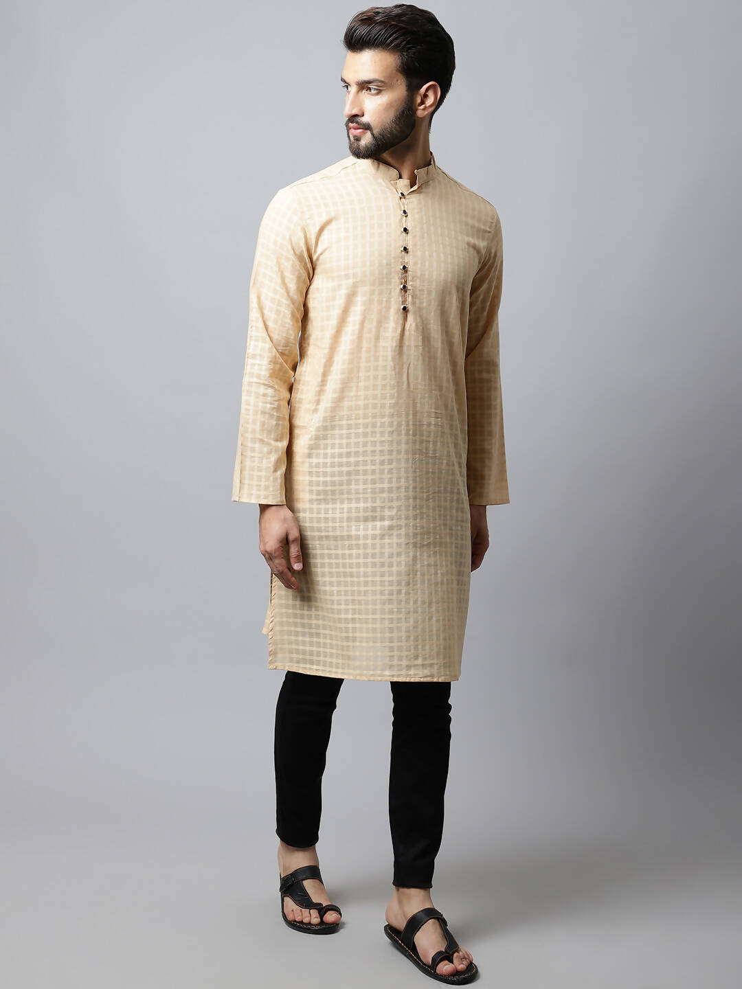 Even Apparels Beige Color Pure Cotton Men's Kurta With Side Placket (CHK1200)