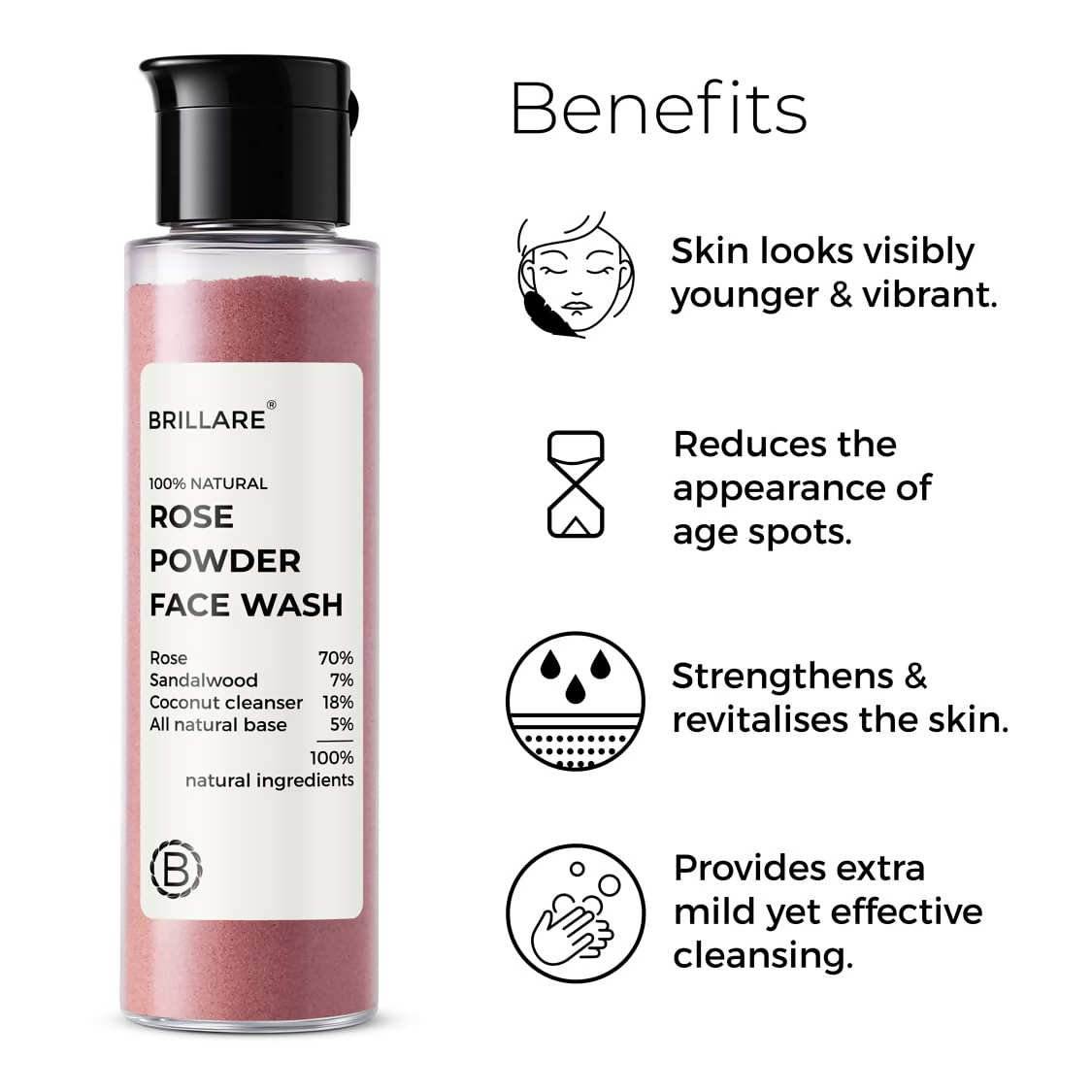 Brillare 100% Natural Rose Powder Face Wash With Anti Ageing Skin Sandalwood & Coconut