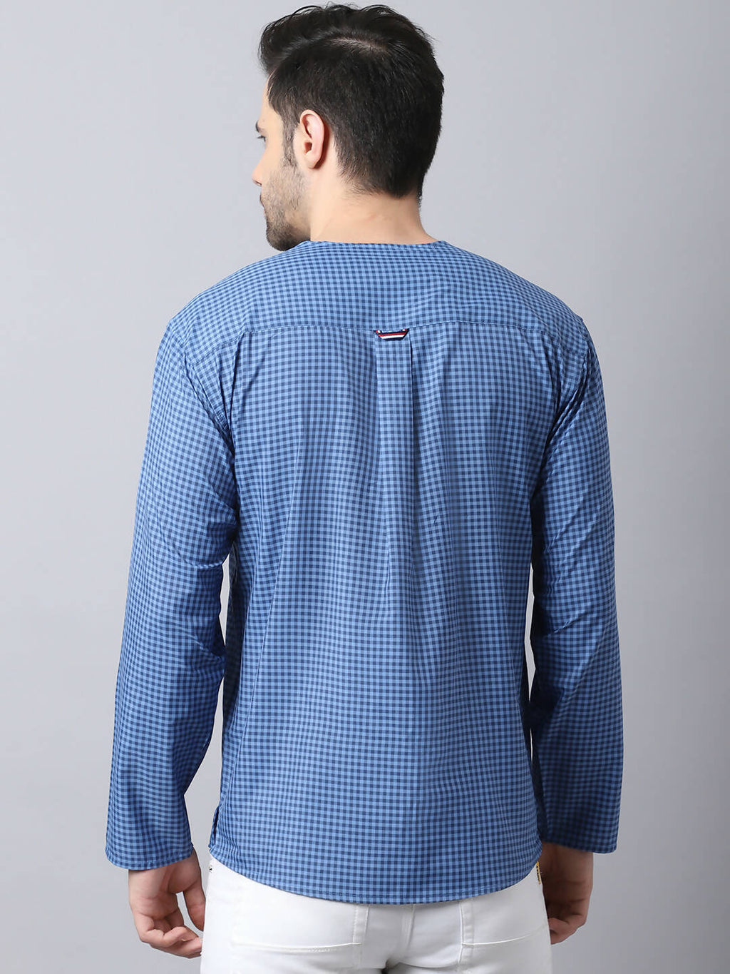 Even Apparels Blue Checked Men's Kurta With Band Collar