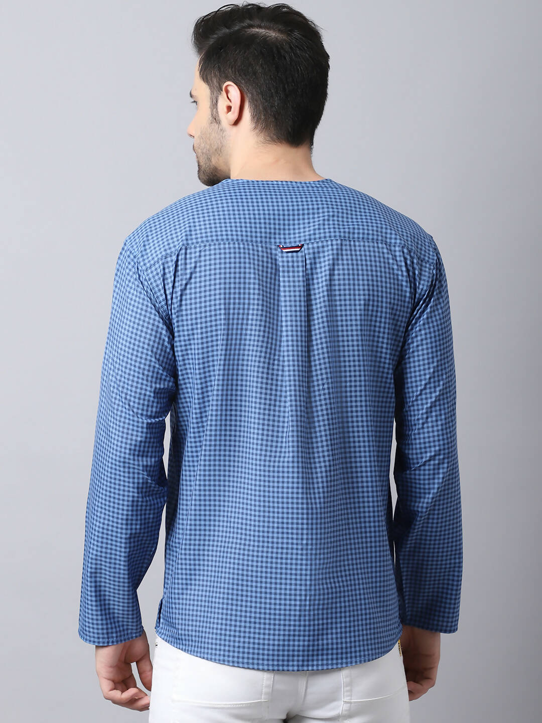 Even Apparels Blue Checked Men's Kurta With Band Collar